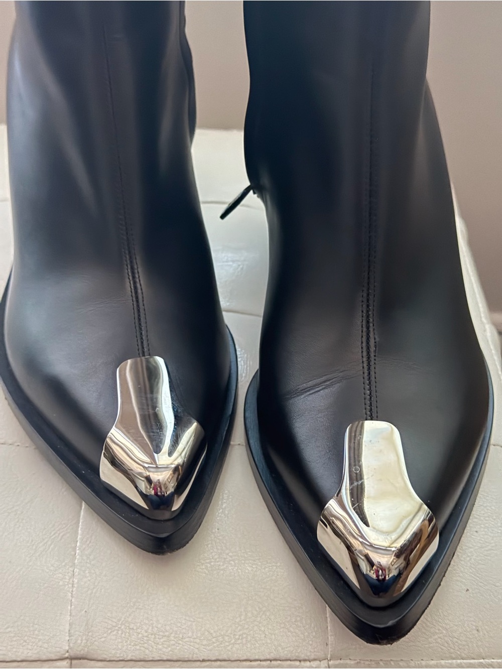 Alexander McQueen Black Leather Ankle Boot with Metallic Silver Toe - Picture 8 of 11